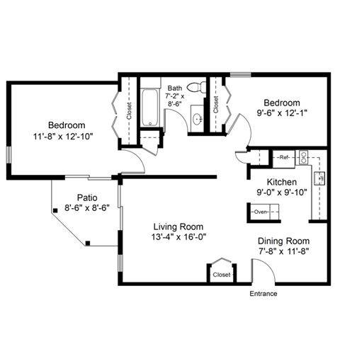 Two Bedroom One Bathroom Floorplan at Blue Hills Village, Canton, MA